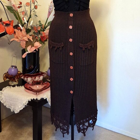 Preowned Women's Burgundy Maxi Skirt High Waist Stretch Long Knitted Skirts - Picture 1 of 10